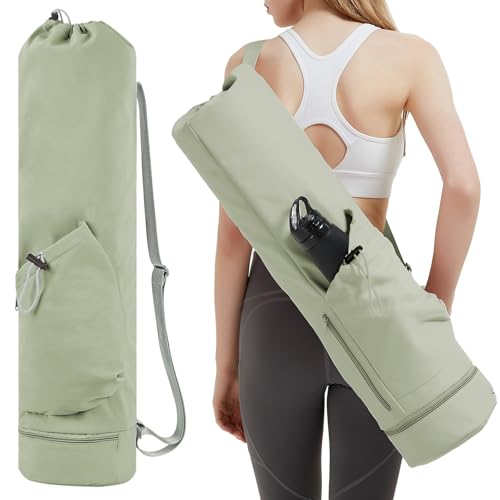 sportsnew Yoga Mat Bag with Water Bottle Pocket & Wet Pocket for Women | Yoga mat carrier fits 1/8"-3/8" yoga mats, quick-access multi-pocket organization, lightweight for gym, Pilates & studio - color: Sage Green, size: Medium