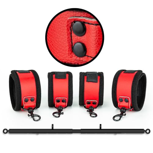 3 in 1 Heavy Duty Stainless Steel Expandable Spreader Bar with 4pcs PU Rose-Gold Adjustable Straps,Workout Bar for Home Gym Training Bar,Portable Detachable Pilates Kit - style: Black+Black-Red Furry Kit