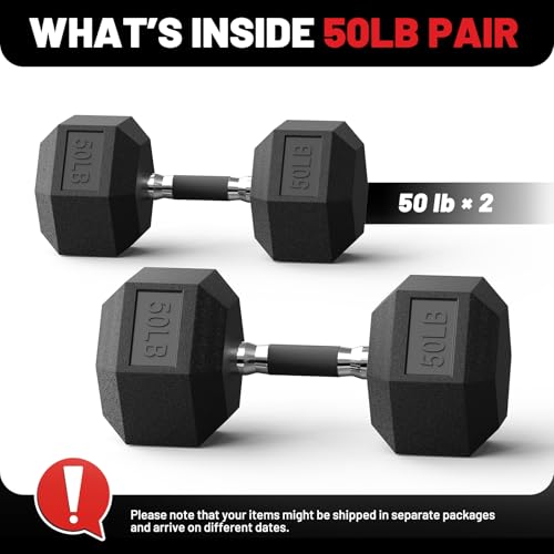 PAPABABE Hex Dumbbell Set 2.5-100lb, Rubber Grip Dumbbells, Home Gym | Complete & Durable Cast Iron Core Odorless Antiroll Hex Shape Ergonomic Versatile Home Gym Comfort Non-Slip Grip - size: 50 lb, Pair, style: Rubber Grip