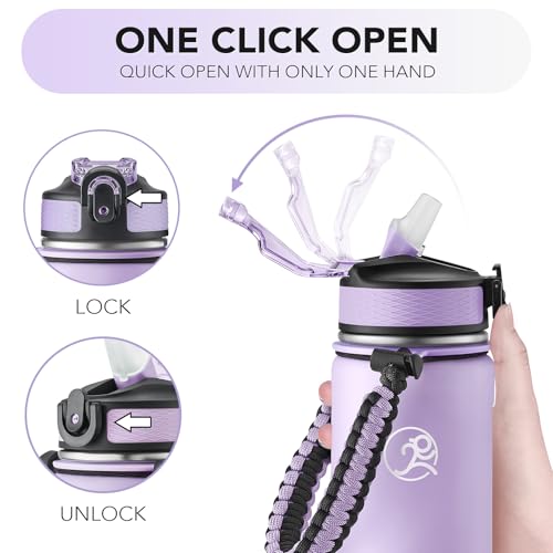 GOSWAG 24oz Insulated Stainless Steel Travel Water Bottle, 2 Lids | with straw and no straw, Paracord handle, Double-wall vacuum keeps drinks cold or hot, Leakproof tumbler - color: Matte Lilac