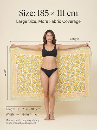 Beach Cover Ups for Women, Cotton Sarong Wrap Pareo | 100% Cotton Sarong Wraps For Women, 73 x 44 In. Pareo Beach Wrap, Bikini Cover Up, Bathing Suit Cover Up, Resort Wear - color: Python Yellow