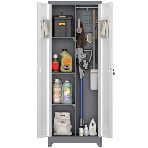 IRONFFICE Metal Garage Storage Cabinets,Broom Closet Storage Cabinet with Doors and Shelves,Tall Utility Closet Cabinet with Pegboard,Laundry Cabinet for Garage,Warehouse,Home,Basement,Grey-White - size: 15.74"D x 23.62"W x 65"H-Grey/white