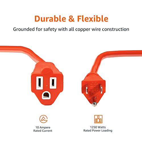 Amazon Basics 100 Foot 3-Prong Vinyl Indoor/Outdoor Extension Cord, Long Power Cord, Grounded Plug for Safety, Moisture Resistant, 10 Amps, 1250 Watts, 125 VAC, Orange - color: Orange, size: 100 ft