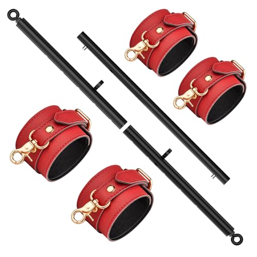 3 in 1 Heavy Duty Stainless Steel Expandable Spreader Bar with 4pcs PU Rose-Gold Adjustable Straps,Workout Bar for Home Gym Training Bar,Portable Detachable Pilates Kit - style: Black+Red PU Kit