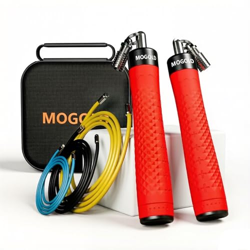 Weighted Jump Rope Set - 1/4LB & 1/2LB Heavy Speed Rope with Quick-Release Handles, 3 PVC Cables (9.8FT), Anti-Slip Grip for Boxing, Cross Training & Home Workout, Includes Carry Case - color: Red