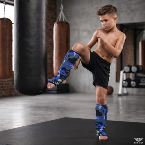 Be Smart Kids, Adults, Youth, Men and Women Muay Thai MMA Kickboxing Shin Guards, Instep Guard Training, Sparring Protective Gear Equipment Shin Kick Pads - color: Blue Camo, size: XXXS ( 3 to 8 Years )