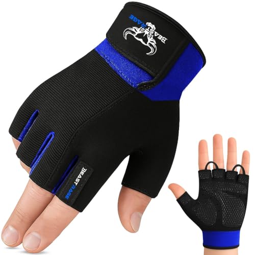 BEAST RAGE Workout Gloves for Men, Durable Palm Grip Gym Gloves Women Half Finger Elasticated Training Weight Lifting Strength Bodybuilding Anti Slip Cycling Gloves Exercise - color: Blue, size: Medium