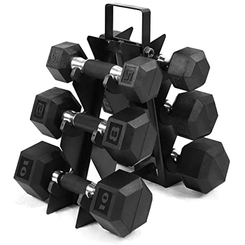 WF Athletic Supply Rubber Encased Hex Dumbbells with Rubber Grip Contoured Handle for Muscle Toning, Strength Building & Full Body Workout - color: m. 5LB, 8LB and 10LB Pair w/ 3-Tier Rack