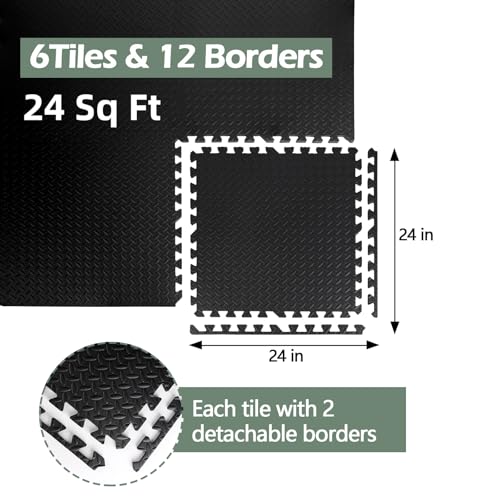 24 Sq Ft (6 Tiles) Interlocking Exercise Mats, EVA Foam Gym Floor Tiles for Home Gym, Yoga, Kids Playroom, Non-Slip Protective Flooring - size: 24 Sq Ft (6 Tiles)