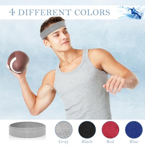 4 Pack Cotton Terry Sweat Headbands for Men Women Running Gym | 4 pack soft cotton terry headbands, Stretch 7 to 15 inches, Sweat-wicking, stays put for running, tennis, basketball & yoga - color: Black/Gray/Blue/Red