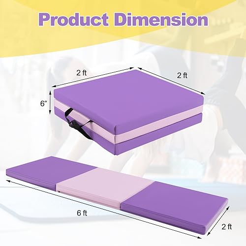 Goplus Folding Gymnastics Mat, 6’ x 2’ x 2’’ Thick Tri-Fold Exercise Tumbling Mat w/Carrying Handles, Hook & Loop Fastener, Gym mats for Home Fitness Yoga Aerobics Workouts Martial Arts - color: Purple + Pink
