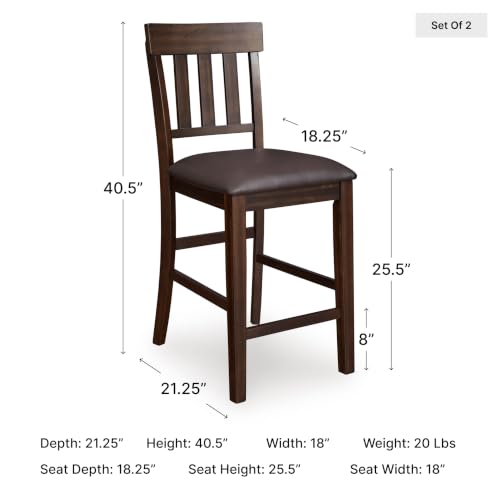 Signature Design by Ashley Haddigan Upholstered Barstool, 2 Count, Slat Back Design, Cushioned Seat, Wood, 25.5" H, Dark Brown | Easy-clean faux leather cushioned seat, Casual farmhouse wood slat back design, 25.6-inch seat height for kitchen islands - co