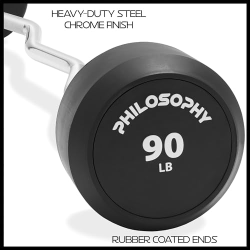 Philosophy Gym Rubber Fixed Barbell, Pre-Loaded Weight EZ Curl Bar for Strength Training & Weightlifting - style: 90 LB