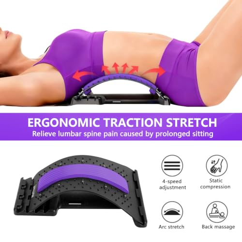 Back Stretcher - 4-Level Adjustable Lumbar Support Board & Back Cracker for Lower Back Pain Relief, Home Office Use (Purple) - color: Purple