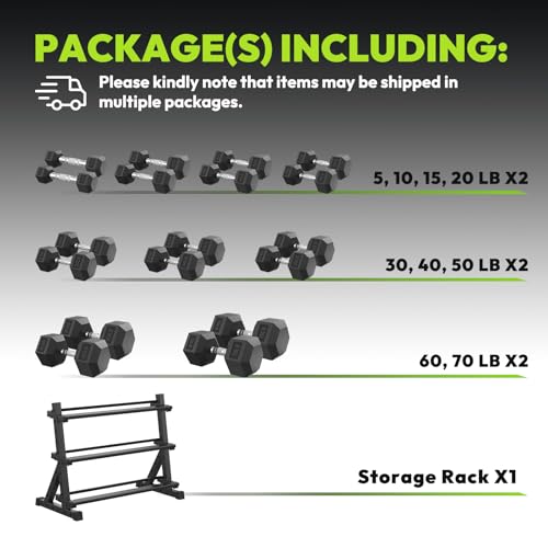 HANDBODE Rubber Coated Hex Dumbbell Set with Rack, 300-840 lb | Fixed Weights Sets with Heavy Duty Storage Stand, Multiple Weight Options Home Gym Equipment for Strength Training - style: 600 lb Set B (5-70 lb) with Rack