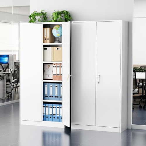 Greenvelly Metal Storage Cabinet - 72" Steel White Cabinet with 2 Doors and 4 Adjustable Shelves, Lockable - Perfect for Garage, Home Office, Pantry - color: White, size: 72 Inch