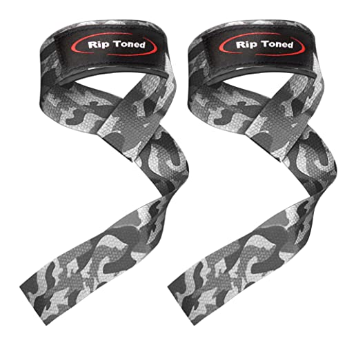 Rip Toned Lasso Lifting Straps for Weightlifting, 23¼" Padded | 1 Pair, cotton, non-latex neoprene. No break-in. Quick release. Deadlifts, rows, shrugs, pull-ups. Machine washable. - color: Grey Camo