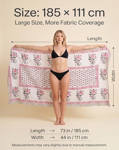 Beach Cover Ups for Women, Cotton Sarong Wrap Pareo | 100% Cotton Sarong Wraps For Women, 73 x 44 In. Pareo Beach Wrap, Bikini Cover Up, Bathing Suit Cover Up, Resort Wear - color: Pink Manhattan