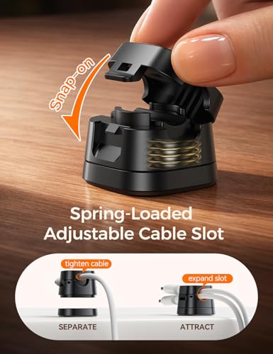 JOYROOM Detachable Magnetic Cord Organizer w/Secure Snap-Lock, 2-in-1 Adhesive& Magnetic Cable Clips, Auto-Fit Spring Management for φ1.5~8mm Cables, Under Desk Nightstand Home Office Car Wire Keeper - color: Black
