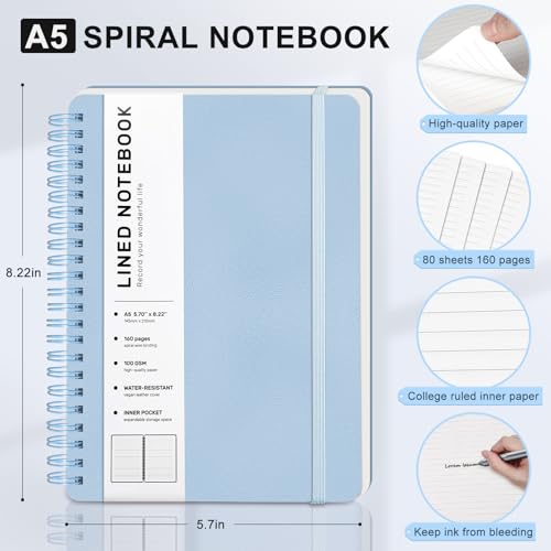 ABERLLS Blue Lined Spiral Journal Notebook with 160 Pages, 8×5.7in, A5 Spiral Notebook, Journaling Notebooks for Work, School, Women, Men, College Ruled Spiral Notebook, Hardcover Leather Journals - color: Light Baby Blue, size: A5