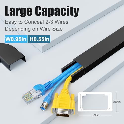 Yecaye Cord Hider, 113in Medium Cord Covers for Wires on Wall, Cord Organizer for 2-3 Wires, Easy Install Cable Management Kit, TV Cable Hider for Home Office, W0.95in H0.55in, Black - color: Black, size: 113in L x 0.95in W x 0.55in H