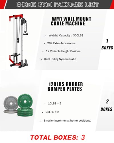 Wall Mount Cable Station, WM1 Cable Crossover Machine with 17 Positions, High and Low Cable Crossover Machine with Removable Footplate for Garage Home Gym - style: 120LBS Colored Home Gym Package RD