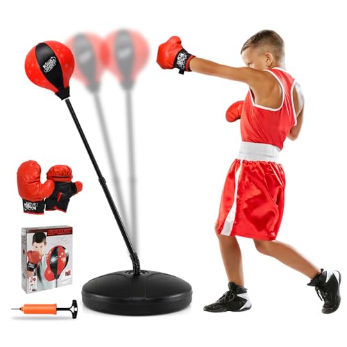 Goplus Punching Bag for Kids, Height Adjustable Reflex Bag with Boxing Gloves for Teens Children Ages 3 4 5 6 7 8+ Years Old Boys Girls, Inflatable Boxing Equipment for Christmas Birthday