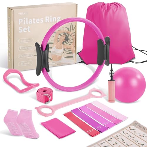 Pilates Kit, Home Pilates Equipment Set with Pilates Ring, Pilates Ball and 5 Resistance Bands, Core Strength Training Workout Kit for Flexibility & Muscle Toning - color: pink