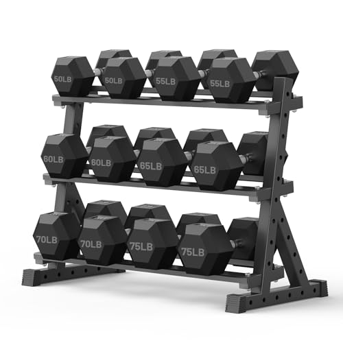 PAPABABE Dumbbell Set with Rack, 540-850lb, Rubber Encased, Home Gym | Complete & Durable Cast Iron Core Odorless PVC Antiroll Hex Shape Ergonomic Chrome Handle Versatile Home Gym - size: 750LB with 3-Tier Weight Rack