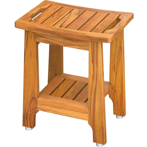 14" Compact Teak Shower Stool with Shelf & Handle - Waterproof, Non-Slip Bath Bench for Small Bathrooms/Tub/Outdoor Use, 300 lbs Capacity (Patented) - size: 14"W x 10" Dx 17"H