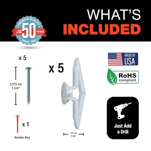 TOGGLER Toggle TA Hollow Door Anchors, Polypropylene Heavy Duty, Fits #8–#12 Screws, 1/8"–1/4" Grip Range, 124 lbs Grip in 1/4" Plywood, Made in USA, (Pack of 5 with Screws) - size: 5 Pack w/ Screws