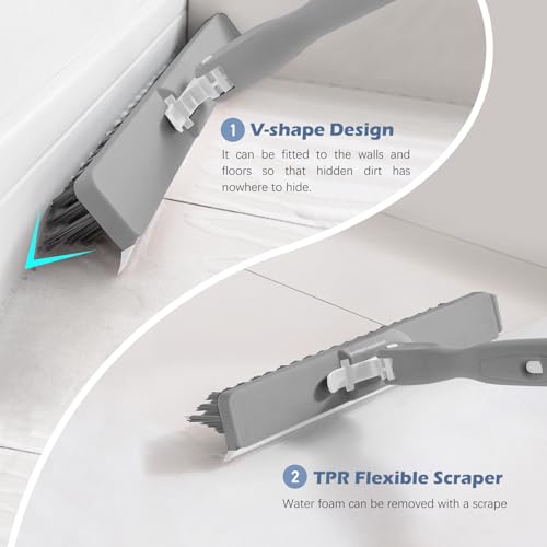 SetSail 4-in-1 Tile Tub Floor Scrubber with 52-inch Long Adjustable Handle Shower Cleaner Brush with V-Shaped Grout Brush and 3 Replacement Brush Heads for Bathroom Kitchen Sink Walls Tub Tile, Grey - color: Gray, size: 2 Pads + V-Shaped Brush