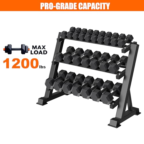 Heavy Duty 3 Tier Dumbbell Rack Stand, 1200LBS Commercial Weight Storage Organizer for Home Gym (Select Frame Type: Kettlebell Flat Tray, All Rails, or Rolling Wheels), Stand Only - color: 3-Tier (All Rails)- Black