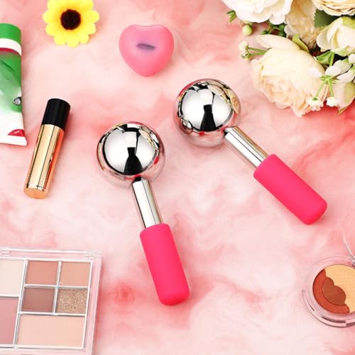 Baderke 2 Pcs Ice Globes for Face Stainless Steel Cooling Globes Unbreakable Cooling Roller Women Ice Balls Cryo Sticks Facials Skin Care for Dark Circles, Puffiness(Silver (Pink Handle)) - color: Silver (Pink Handle)