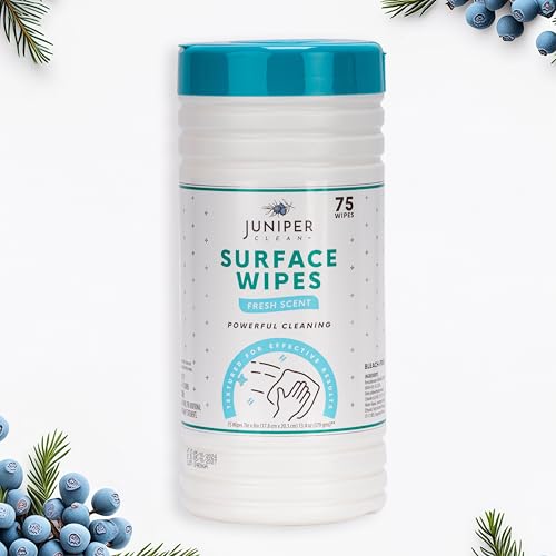 Juniper CLEAN 4 Pack Surface Cleaning Wipes Bleach Free, All-Purpose Cleaner for Bathroom, Kitchen, Office, 300 Count Canister, 7.5" x 7" Sheet, Fresh Scent, Lint Free & Durable - size: 75 Count (Pack of 4)