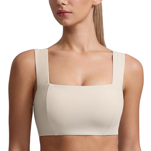 CRZ YOGA Butterluxe Wide Strap Sports Bras | Light Support, Removable Pads, Yoga, Extremely Soft, Square Neck, Front Split Line, for Women - color: Mojave Tan, size: Small