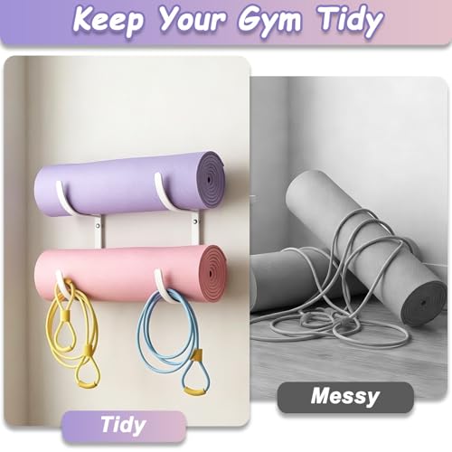 Wall Mount Yoga Mat Holder, Rubber Coated Yoga Mat Storage Rack for Yoga Mats, Foam Rollers, Exercise Mats, Pilates Mats and Hanging Home Fitness Equipment