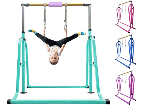 Foldable & Moveable Gymnastics Horizontal Bar with Rings,3’to 5’Adjustable Height Expandable Junior Kip Bar for Home,Indoor Gym Equipment for Kids - style: Foldable Teal with Rings