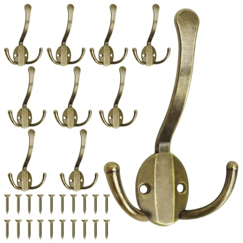 Homanu 10 Pack Coat Hooks Heavy Duty, Metal Three Prongs Large Coat Hooks Wall Mounted with 20 Screws, No Rust Antique Brass Rustic Wall Hooks for Hanging Towel, Coat, Scarf, Bag, Hat, Cup, Key - color: 10 Pcs Antique Brass