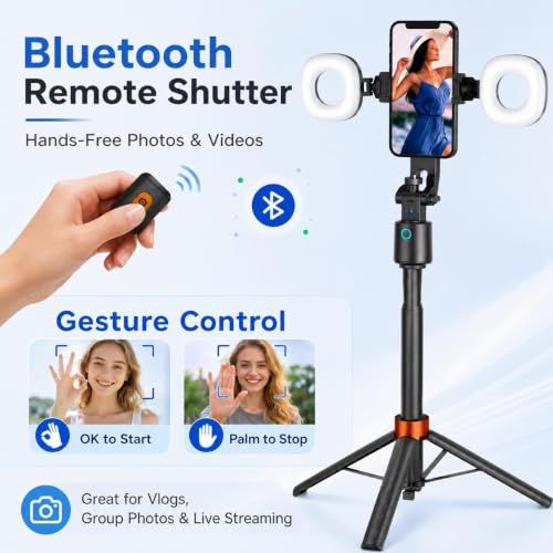 70" Auto Face Tracking Tripod with Light, 360° Smart Phone Stand with Remote, Selfie Stick for iPhone Android, No App Needed, Video Recording Vlogging Live Streaming