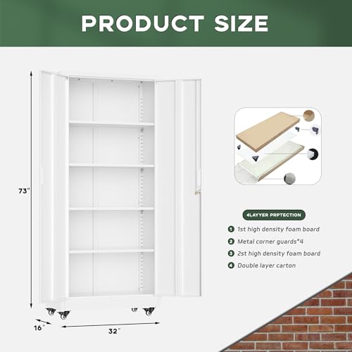 Greenvelly Metal Garage Storage Cabinet with 4 Swivel Wheels, 73" White Storage Cabinet on Wheels, Rolling Tool Cabinet with Locking Doors and Shelves for Garage, Basement, Home, Warehouse - color: White, size: 73 Inch