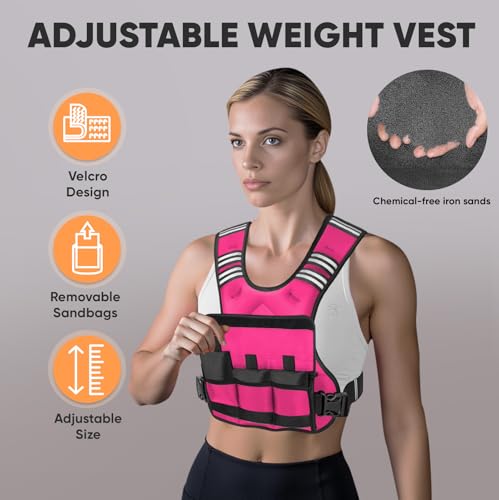 APEXUP Adjustable Weighted Vest, 4-10lb/12-18lb/20-32lb Vest with 6 Ironsand Weights and Large Pocket, Weight Vest for Men Women Strength Training, Running, Walking - color: Pink, size: 12-18lbs