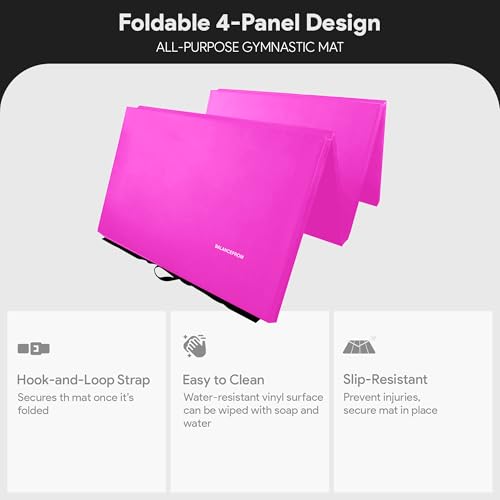 BalanceFrom 10x4 Feet 4-Panel Folding Gymnastics Mat – 2-Inch Thick Pad with Vinyl Surface and Carrying Handles for Tumbling, Yoga, Pilates, Home Workouts, and Martial Arts - color: Pink