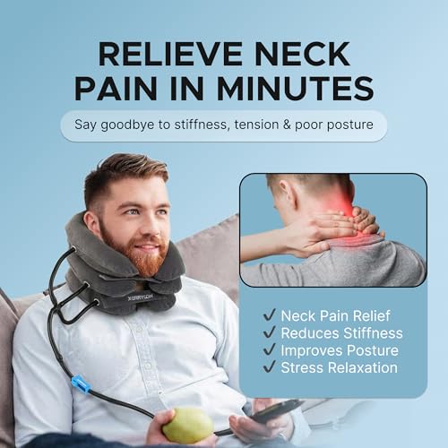 Inflatable Neck Stretcher for Neck Pain Relief, Cervical Traction Device with Hand Pump, 3-Layer Adjustable Neck Decompression Collar for Pinched Nerve, Stiff Neck & Tech Neck Support | Breathable Material - color: Platinum Grey Mist
