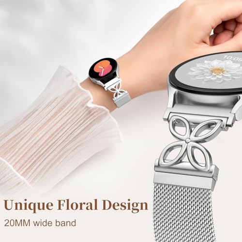 Getino Magnetic Metal Band Compatible with Galaxy Watch 7 Band 6 5 4 FE Active 2 40mm 44mm/Galaxy Watch 5 pro 45mm/Classic, 20mm Floral Dressy Strap for Samsung Watch Bands Women Milanese Mesh Loop - color: Silver