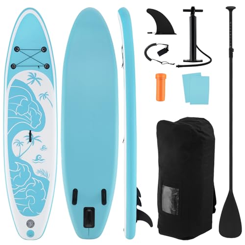 KOTEK 10FT/11FT Inflatable Paddle Board, SUP Paddleboard with Hand Pump, Safety Leash, Repair Kit, Carry Bag, Non-Slip EVA Deck, Stand Up Paddle Board for Youth & Adults - size: 11 FT, style: Light Blue Wave