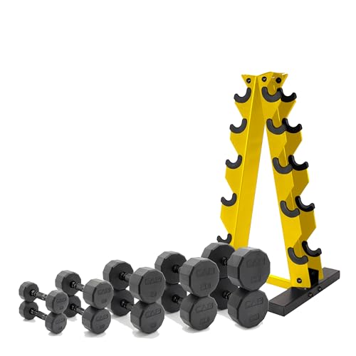 CAP Barbell 150 LB Coated Hex Dumbbell Weight Set with Vertical Rack | Multiple Options - color: Yellow Rack, style: 12-Sided Black Handle