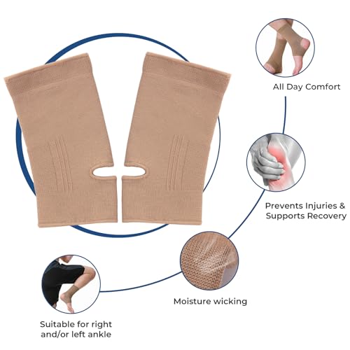 NeoTech Care Ankle Support Sleeve - Open Heel, Light, Elastic & Breathable Knitted Fabric - Medium Compression - For Men, Women, Kids - Right or Left Foot (Beige Color, Size M, 1 Pair) - color: Beige, size: Medium (1 Pair)