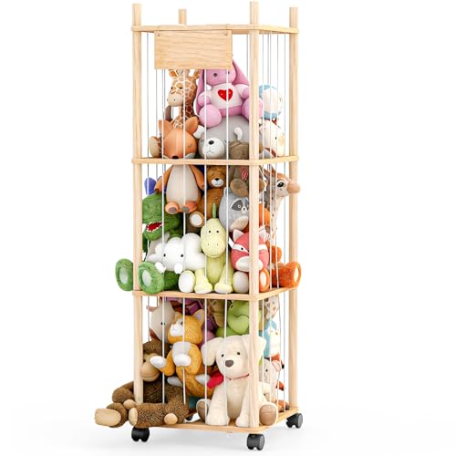 Dayacoco Stuffed Animal Storage with Brake Wheels, Wood Stuffy Animal Storage Zoo Holder Bin, Large Capacity Toy Organizer with Elastic Band and Net for Nursery Play Room Bedroom (Pine Wood 54in) - size: 3 Tiers with Wheels