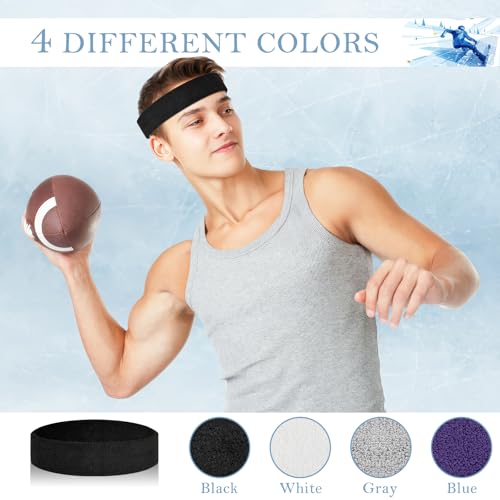 4 Pack Cotton Terry Sweat Headbands for Men Women Running Gym | 4 pack soft cotton terry headbands, Stretch 7 to 15 inches, Sweat-wicking, stays put for running, tennis, basketball & yoga - color: Black/Gray/Purple/White